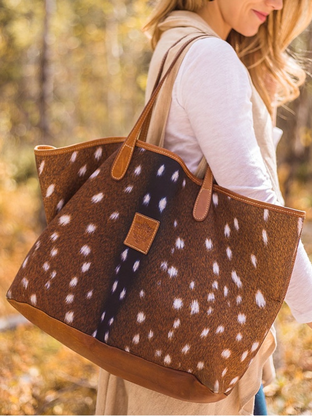 Barrington St. Anne Deer Hide Printed Tote, Heavy Nylon, Leather Trim 21x12x5.5”